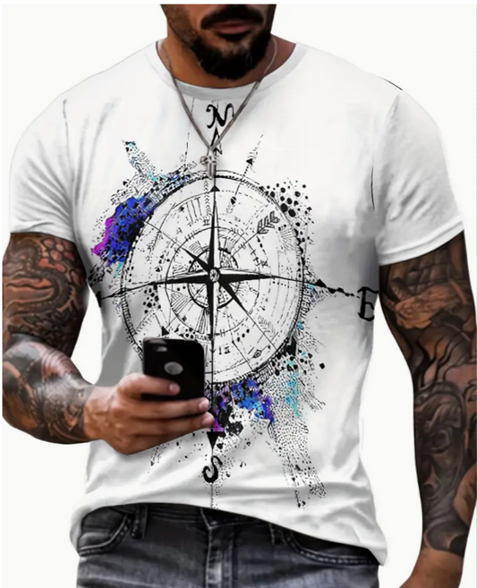 Men's Graphic Design Crew Neck Novel T-shirt - Retro Compass