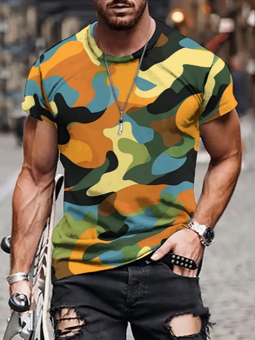 Men's Versatile 3D Camo Pattern T-Shirt With Multiple Color Schemes
