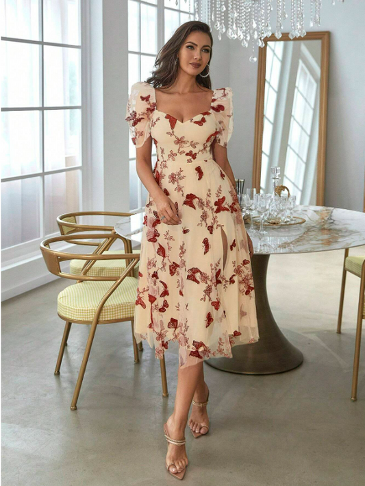 Double Crazy Butterfly Embroidered Tulle Dress With Sweetheart Neckline And Puff Sleeves