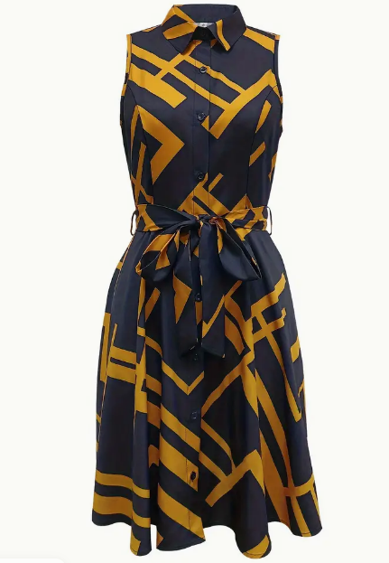 Abstract Print Button Front Sleeveless Dress, Casual Tie-waist Lapel Dress