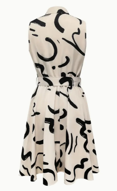Abstract Print Button Front Sleeveless Dress, Casual Tie-waist Lapel Dress