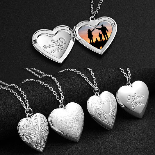 Valentine's Gift - Carved Design Heart Shaped Photo Frame Pendant Necklace For Women